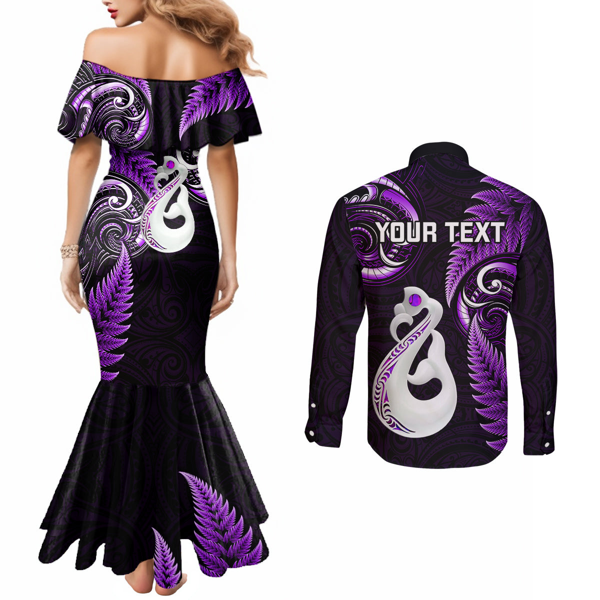 personalised-new-zealand-couples-mermaid-dress-and-long-sleeve-button-shirts-aotearoa-silver-fern-with-manaia-maori-unique-purple