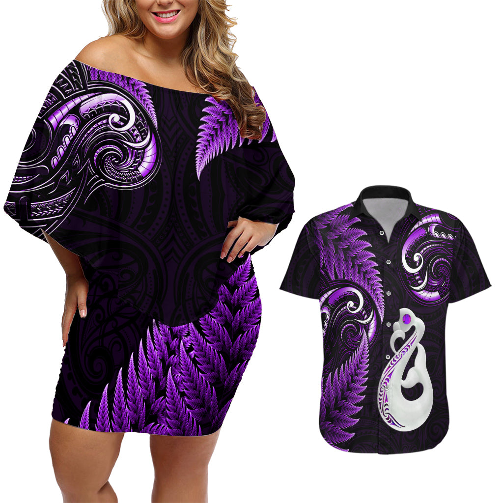 personalised-new-zealand-couples-off-shoulder-short-dress-and-hawaiian-shirt-aotearoa-silver-fern-with-manaia-maori-unique-purple