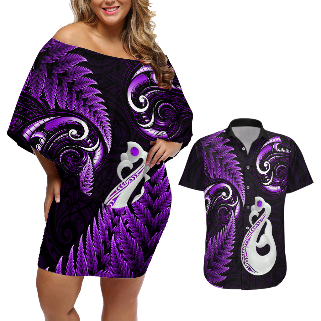 Personalised New Zealand Couples Off The Shoulder Long Sleeve Dress and Hawaiian Shirt Aotearoa Silver Fern With Manaia Maori Unique Purple LT14