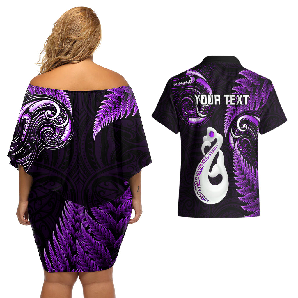 personalised-new-zealand-couples-off-shoulder-short-dress-and-hawaiian-shirt-aotearoa-silver-fern-with-manaia-maori-unique-purple