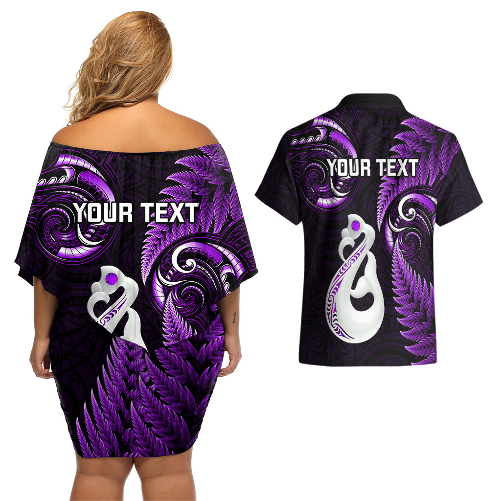 Personalised New Zealand Couples Off The Shoulder Long Sleeve Dress and Hawaiian Shirt Aotearoa Silver Fern With Manaia Maori Unique Purple LT14