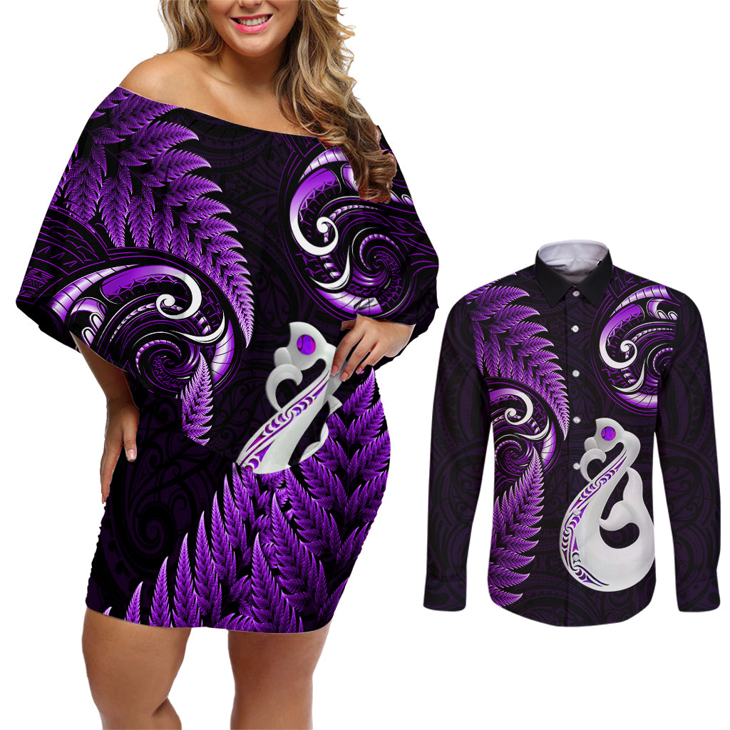 Personalised New Zealand Couples Off Shoulder Short Dress and Long Sleeve Button Shirts Aotearoa Silver Fern With Manaia Maori Unique Purple LT14