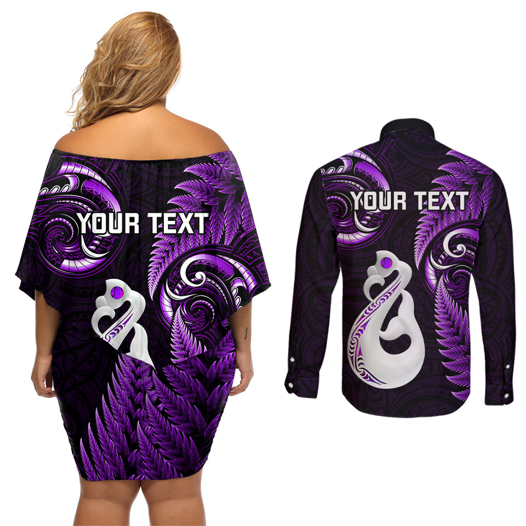 Personalised New Zealand Couples Off Shoulder Short Dress and Long Sleeve Button Shirts Aotearoa Silver Fern With Manaia Maori Unique Purple LT14