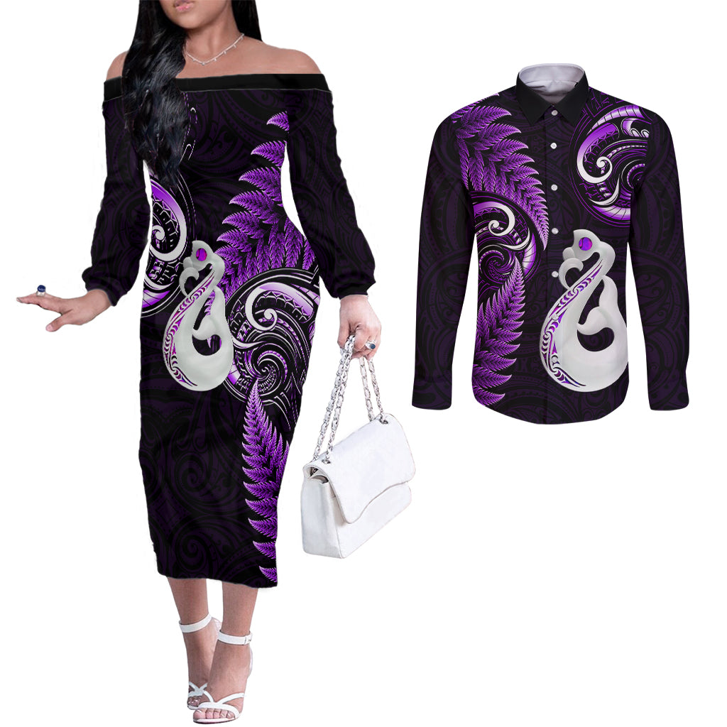 personalised-new-zealand-couples-off-the-shoulder-long-sleeve-dress-and-long-sleeve-button-shirts-aotearoa-silver-fern-with-manaia-maori-unique-purple