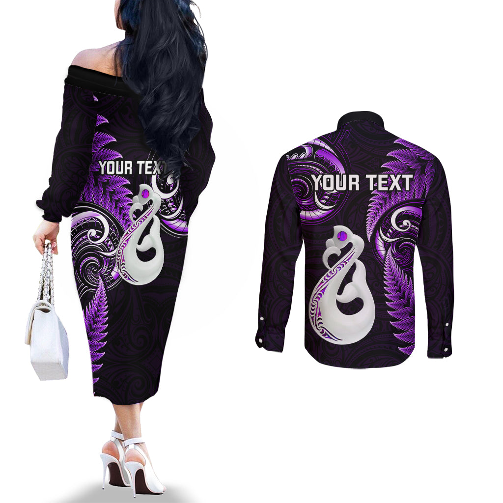 personalised-new-zealand-couples-off-the-shoulder-long-sleeve-dress-and-long-sleeve-button-shirts-aotearoa-silver-fern-with-manaia-maori-unique-purple