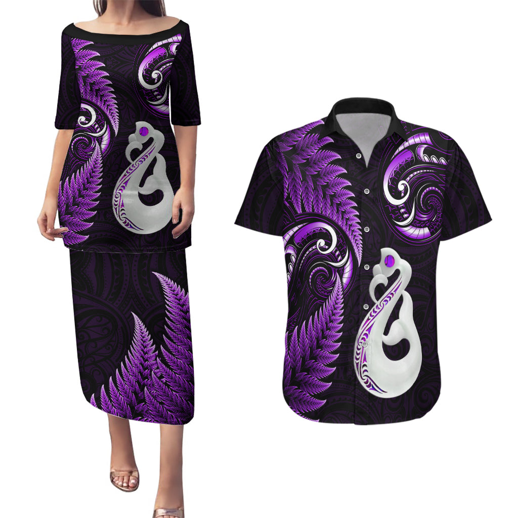 personalised-new-zealand-couples-puletasi-dress-and-hawaiian-shirt-aotearoa-silver-fern-with-manaia-maori-unique-purple