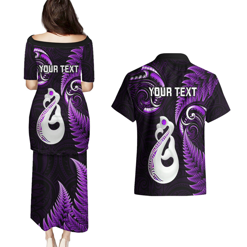 personalised-new-zealand-couples-puletasi-dress-and-hawaiian-shirt-aotearoa-silver-fern-with-manaia-maori-unique-purple