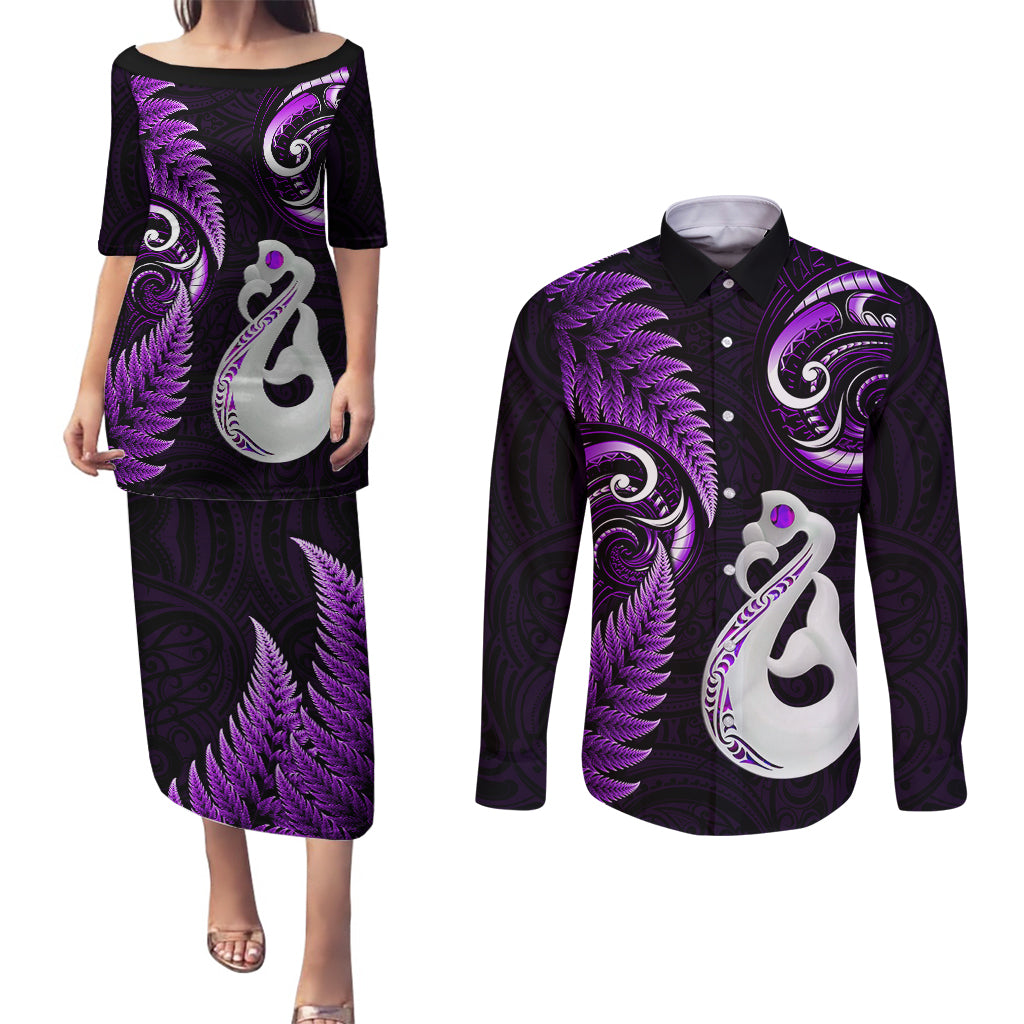 personalised-new-zealand-couples-puletasi-dress-and-long-sleeve-button-shirts-aotearoa-silver-fern-with-manaia-maori-unique-purple