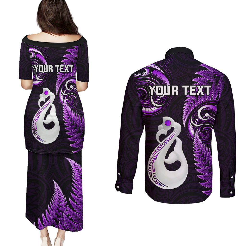 personalised-new-zealand-couples-puletasi-dress-and-long-sleeve-button-shirts-aotearoa-silver-fern-with-manaia-maori-unique-purple