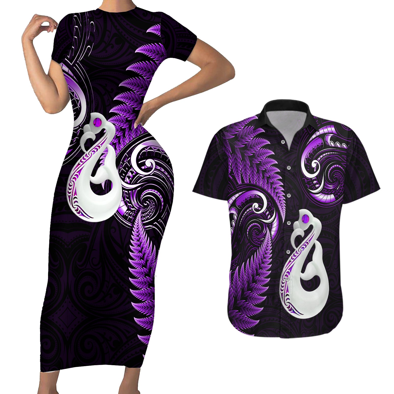 personalised-new-zealand-couples-short-sleeve-bodycon-dress-and-hawaiian-shirt-aotearoa-silver-fern-with-manaia-maori-unique-purple