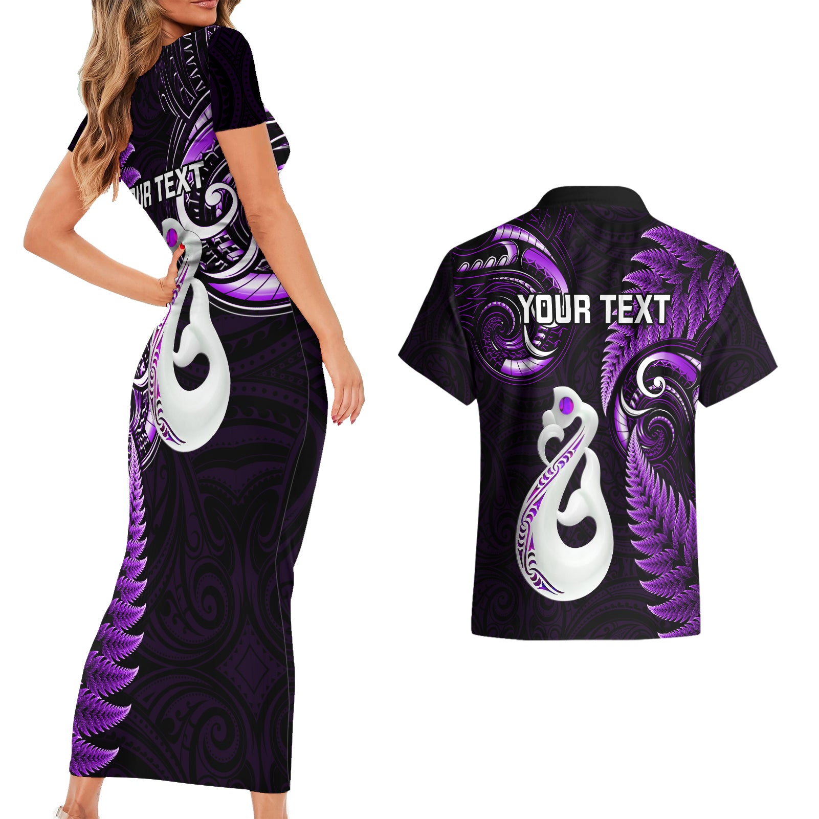personalised-new-zealand-couples-short-sleeve-bodycon-dress-and-hawaiian-shirt-aotearoa-silver-fern-with-manaia-maori-unique-purple