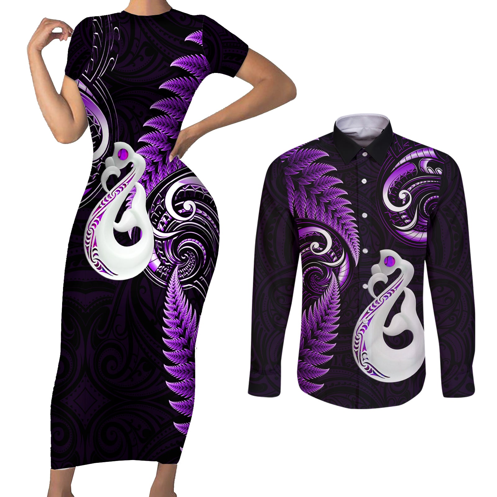 personalised-new-zealand-couples-short-sleeve-bodycon-dress-and-long-sleeve-button-shirts-aotearoa-silver-fern-with-manaia-maori-unique-purple