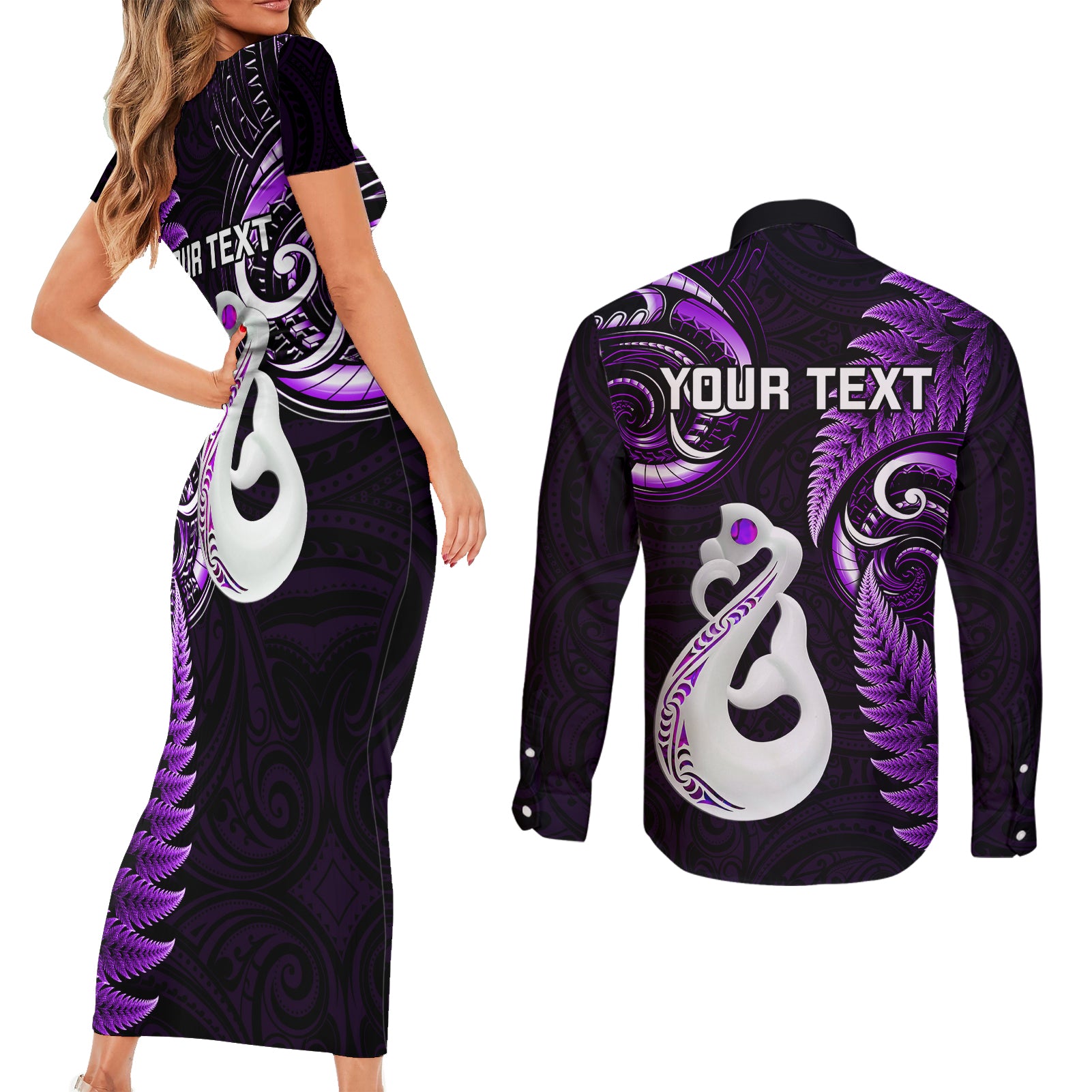 personalised-new-zealand-couples-short-sleeve-bodycon-dress-and-long-sleeve-button-shirts-aotearoa-silver-fern-with-manaia-maori-unique-purple