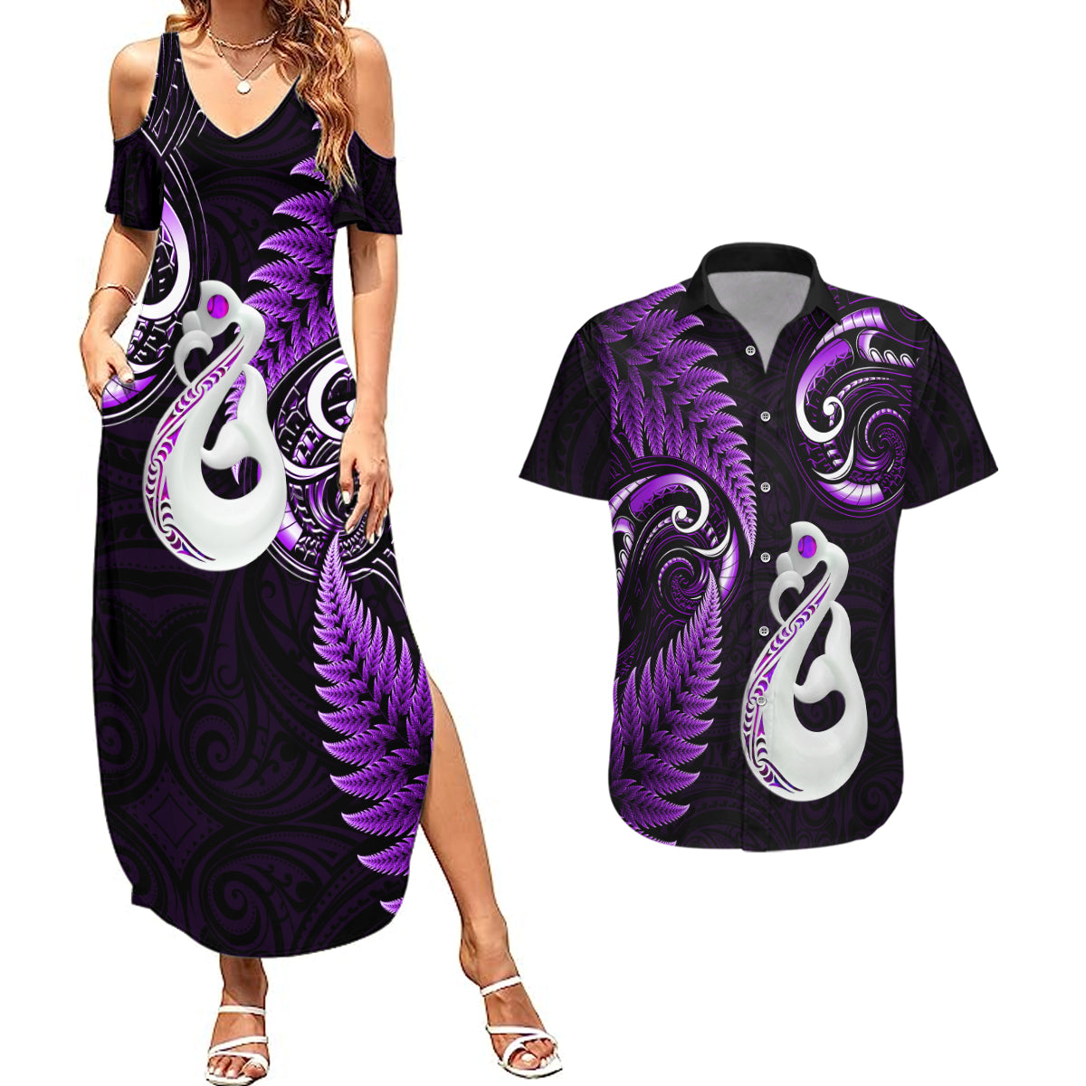 personalised-new-zealand-couples-summer-maxi-dress-and-hawaiian-shirt-aotearoa-silver-fern-with-manaia-maori-unique-purple