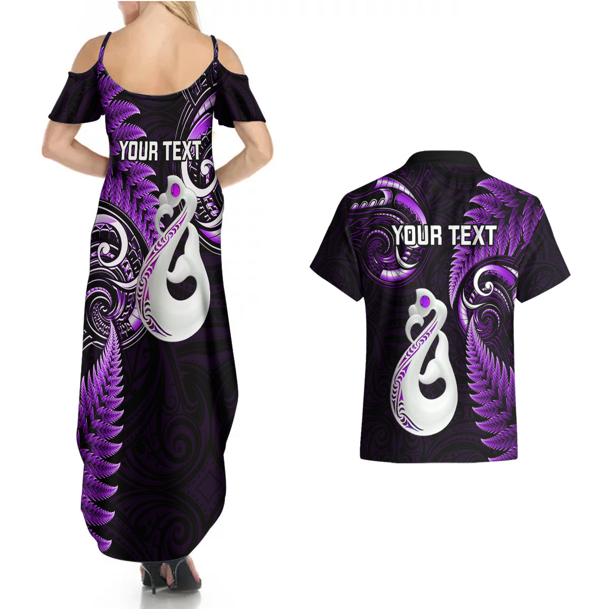 personalised-new-zealand-couples-summer-maxi-dress-and-hawaiian-shirt-aotearoa-silver-fern-with-manaia-maori-unique-purple