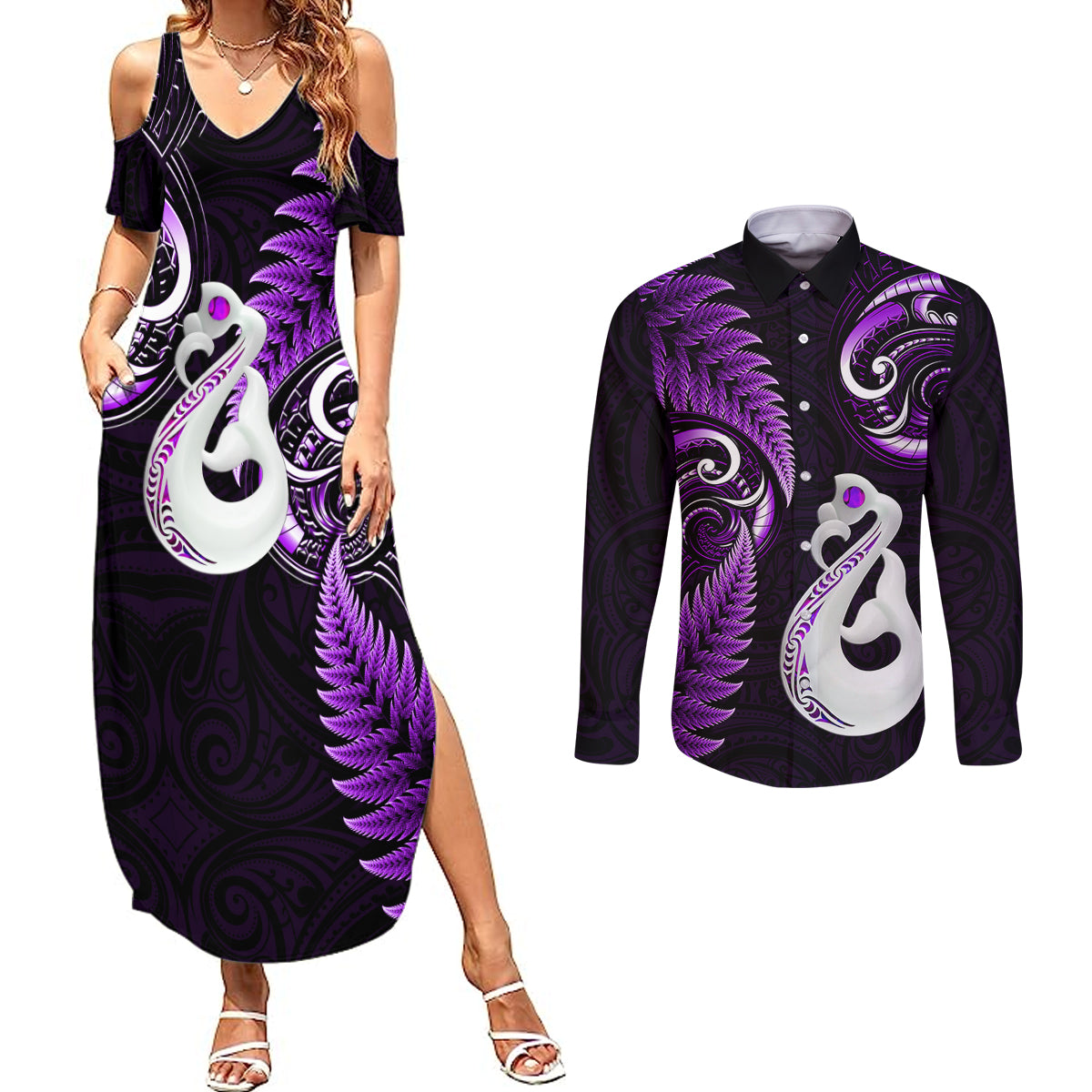 personalised-new-zealand-couples-summer-maxi-dress-and-long-sleeve-button-shirts-aotearoa-silver-fern-with-manaia-maori-unique-purple