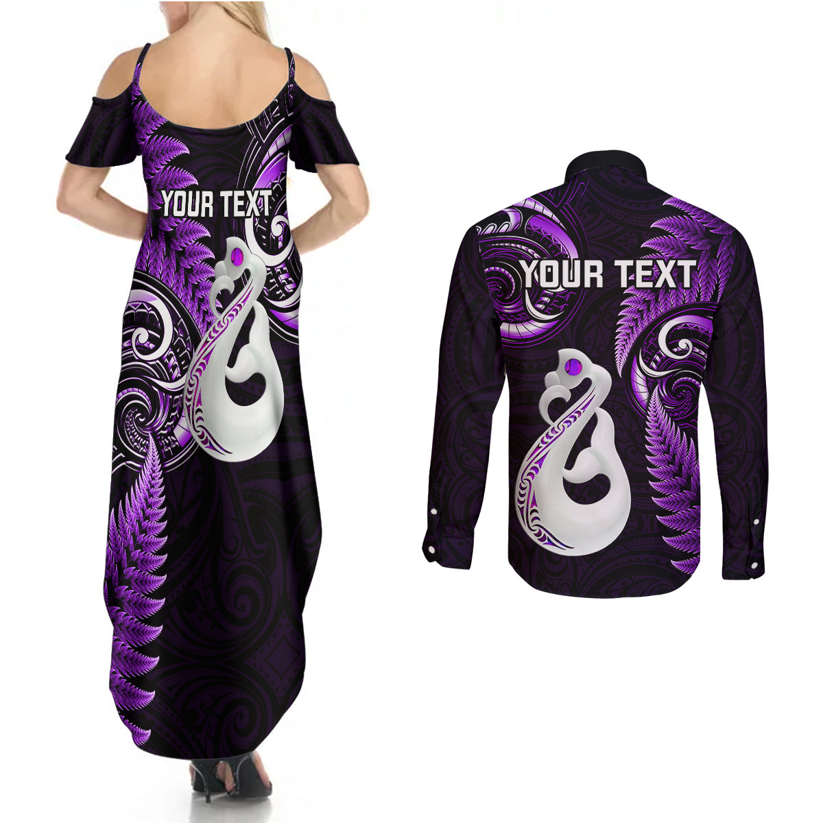 personalised-new-zealand-couples-summer-maxi-dress-and-long-sleeve-button-shirts-aotearoa-silver-fern-with-manaia-maori-unique-purple