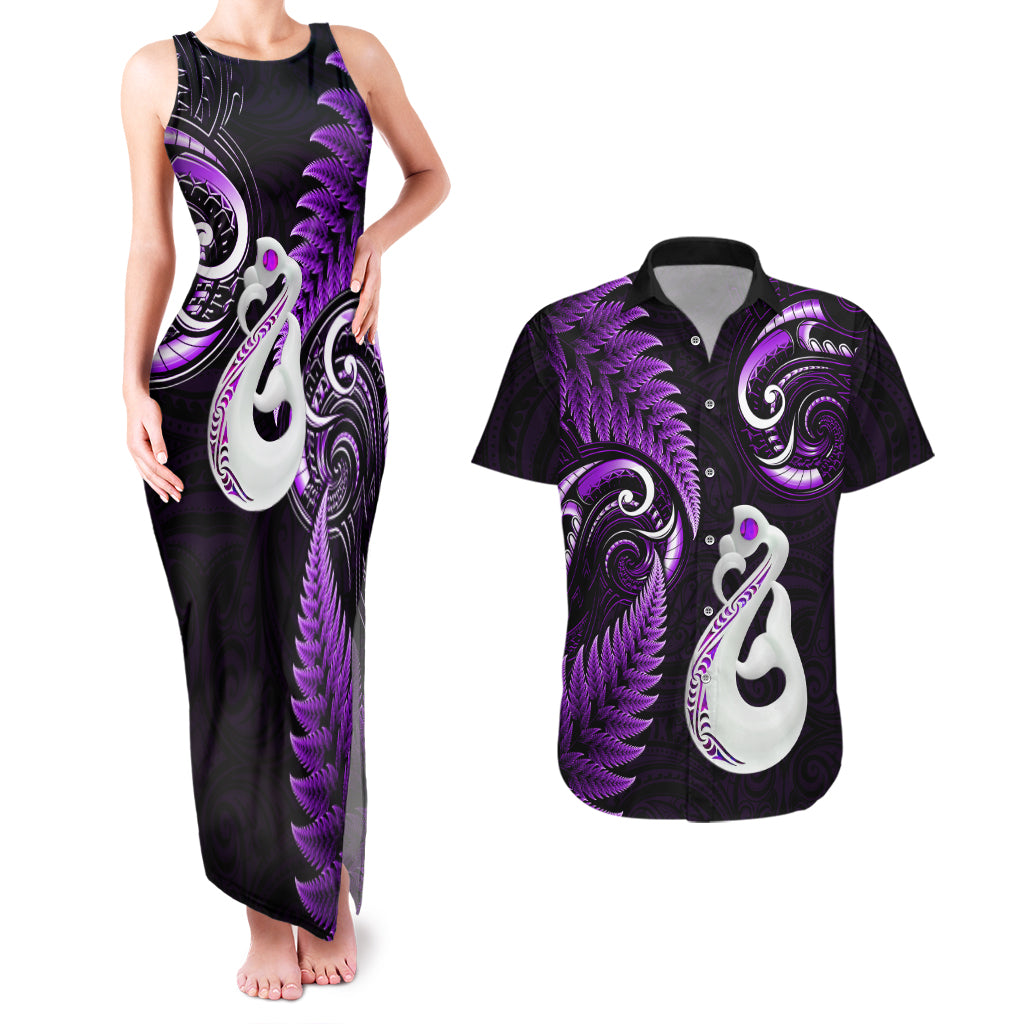 personalised-new-zealand-couples-matching-tank-maxi-dress-and-hawaiian-shirt-aotearoa-silver-fern-with-manaia-maori-unique-purple