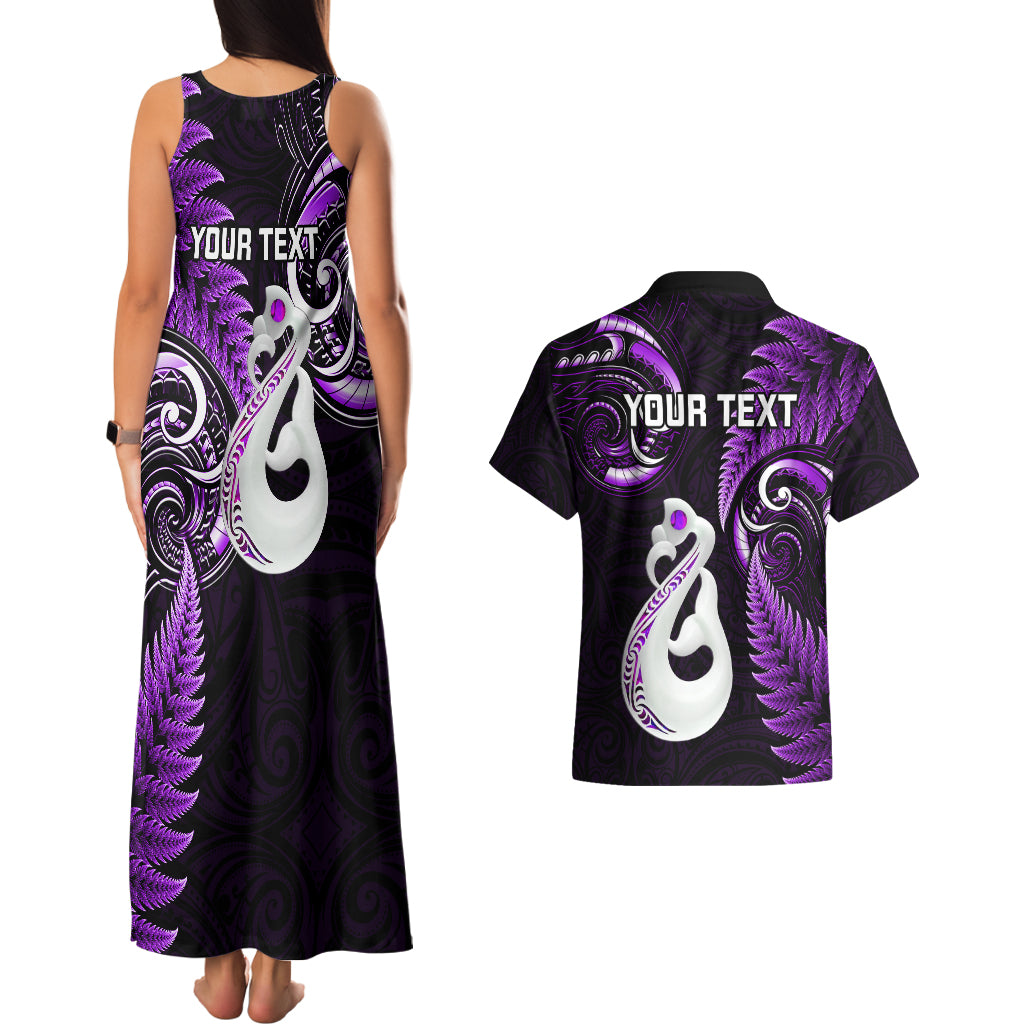 personalised-new-zealand-couples-matching-tank-maxi-dress-and-hawaiian-shirt-aotearoa-silver-fern-with-manaia-maori-unique-purple