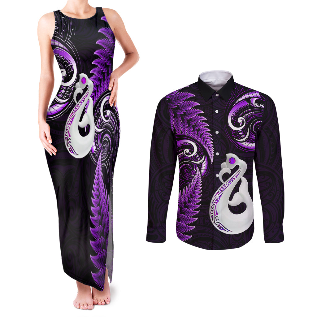 personalised-new-zealand-couples-matching-tank-maxi-dress-and-long-sleeve-button-shirts-aotearoa-silver-fern-with-manaia-maori-unique-purple