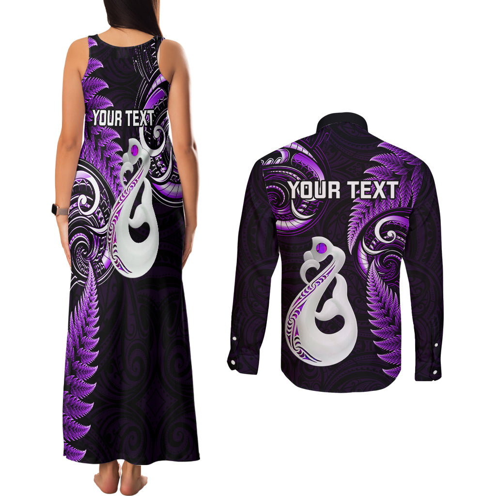 personalised-new-zealand-couples-matching-tank-maxi-dress-and-long-sleeve-button-shirts-aotearoa-silver-fern-with-manaia-maori-unique-purple