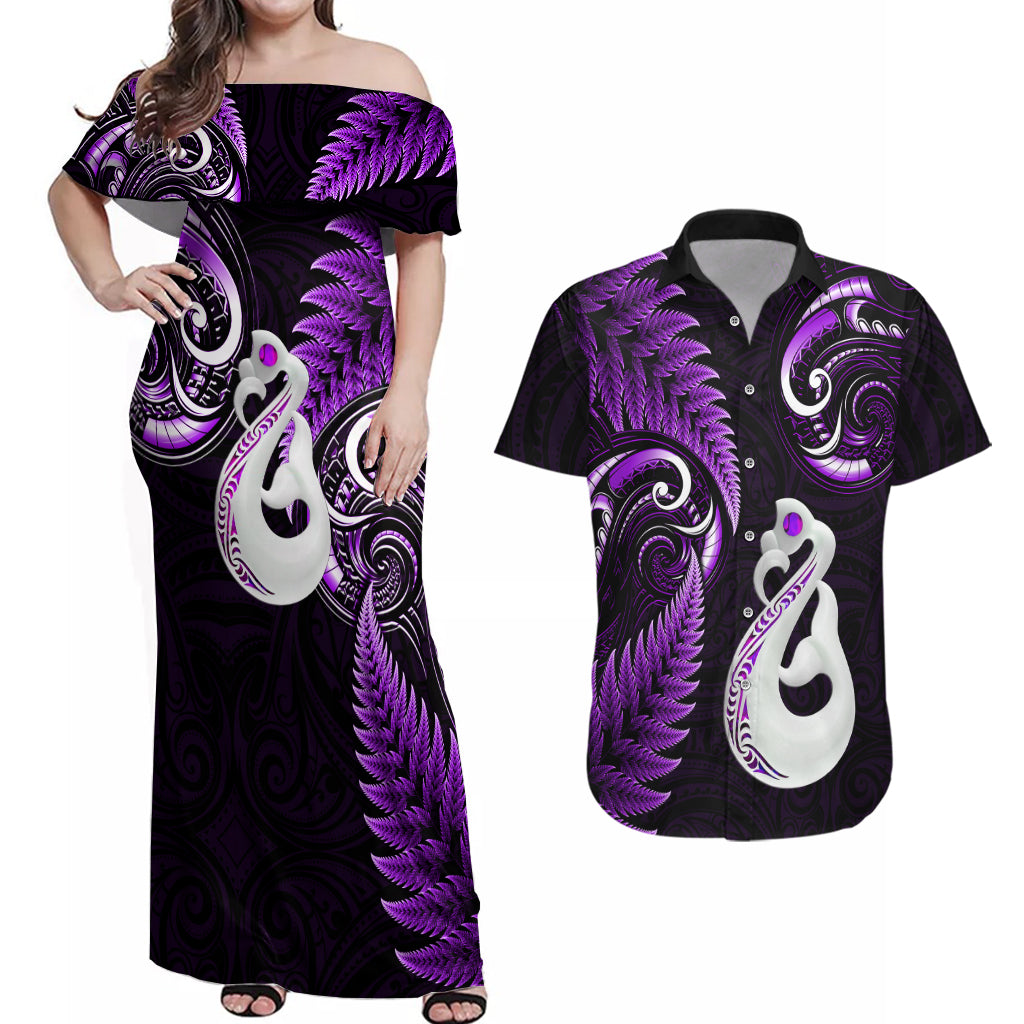 personalised-new-zealand-couples-off-shoulder-maxi-dress-and-hawaiian-shirt-aotearoa-silver-fern-with-manaia-maori-unique-purple