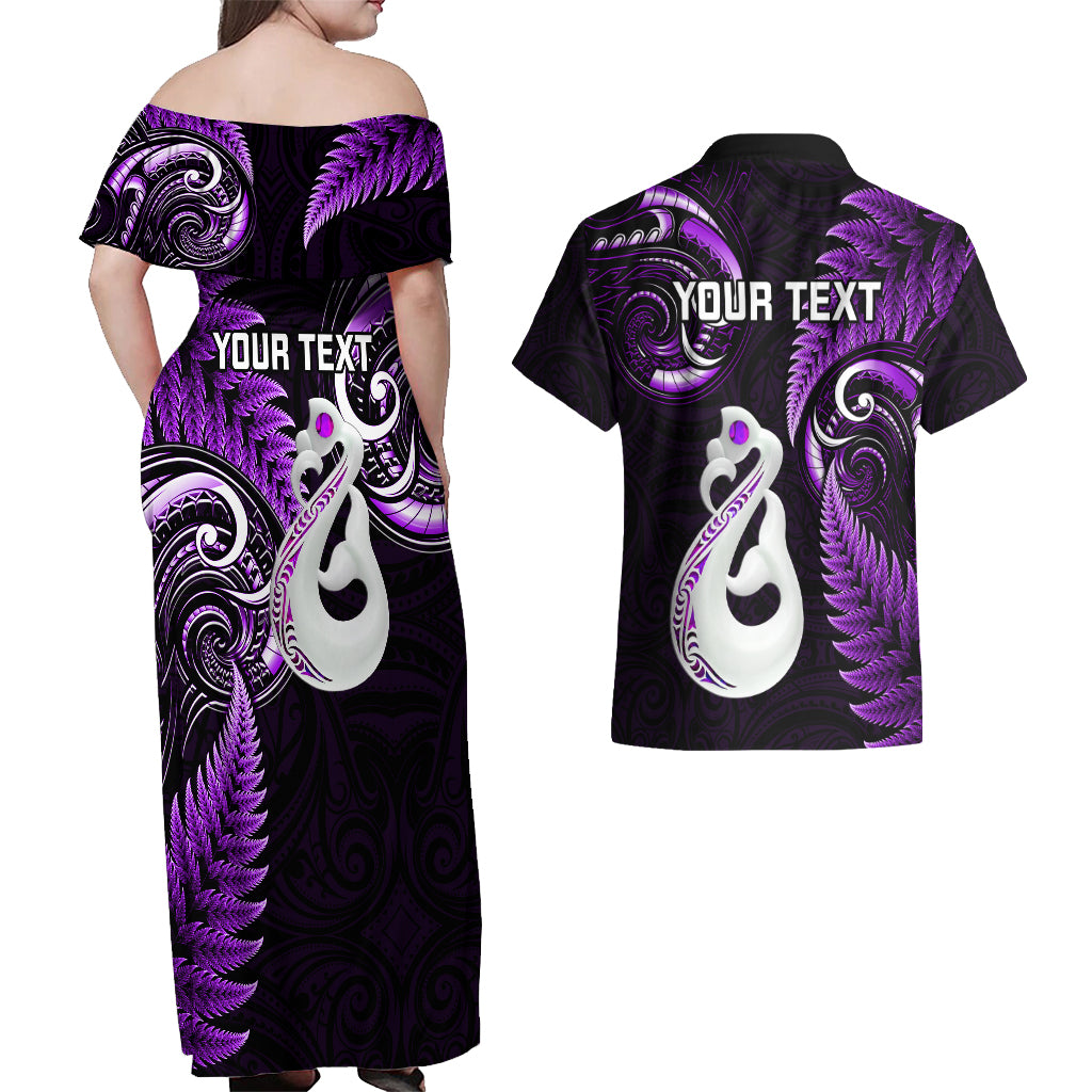 personalised-new-zealand-couples-off-shoulder-maxi-dress-and-hawaiian-shirt-aotearoa-silver-fern-with-manaia-maori-unique-purple