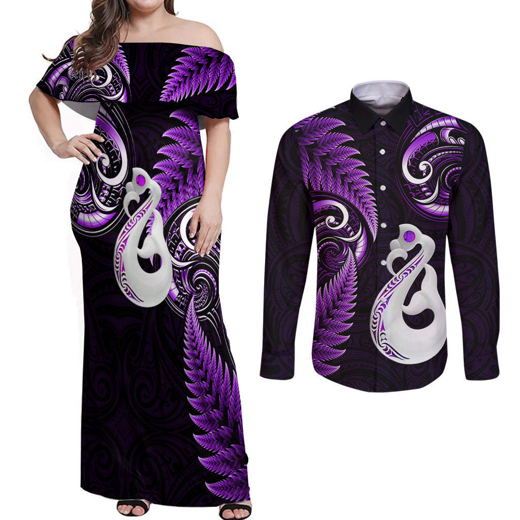 personalised-new-zealand-couples-off-shoulder-maxi-dress-and-long-sleeve-button-shirts-aotearoa-silver-fern-with-manaia-maori-unique-purple