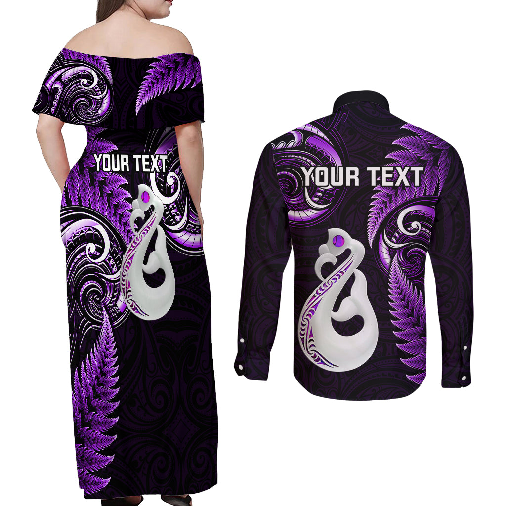 personalised-new-zealand-couples-off-shoulder-maxi-dress-and-long-sleeve-button-shirts-aotearoa-silver-fern-with-manaia-maori-unique-purple