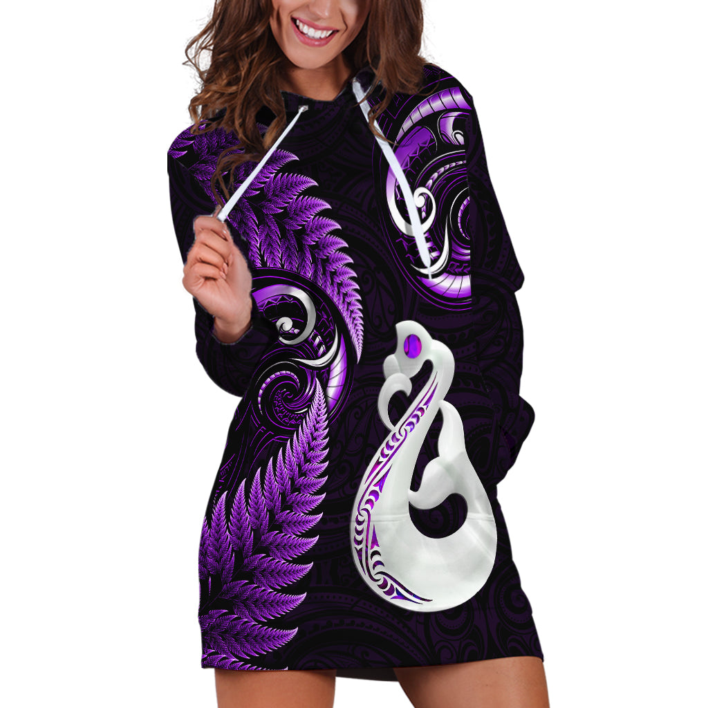 Personalised New Zealand Hoodie Dress Aotearoa Silver Fern With Manaia Maori Unique Purple - Vibe Hoodie Shop