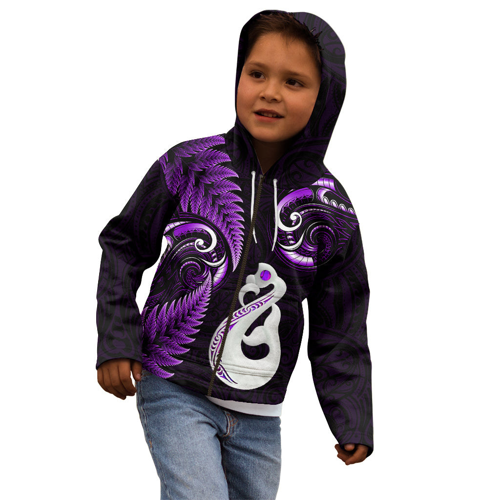 Personalised New Zealand Kid Hoodie Aotearoa Silver Fern With Manaia Maori Unique Purple - Vibe Hoodie Shop