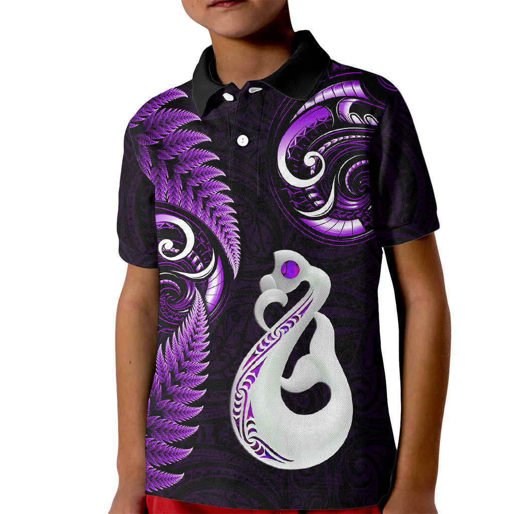 Personalised New Zealand Kid Polo Shirt Aotearoa Silver Fern With Manaia Maori Unique Purple - Vibe Hoodie Shop