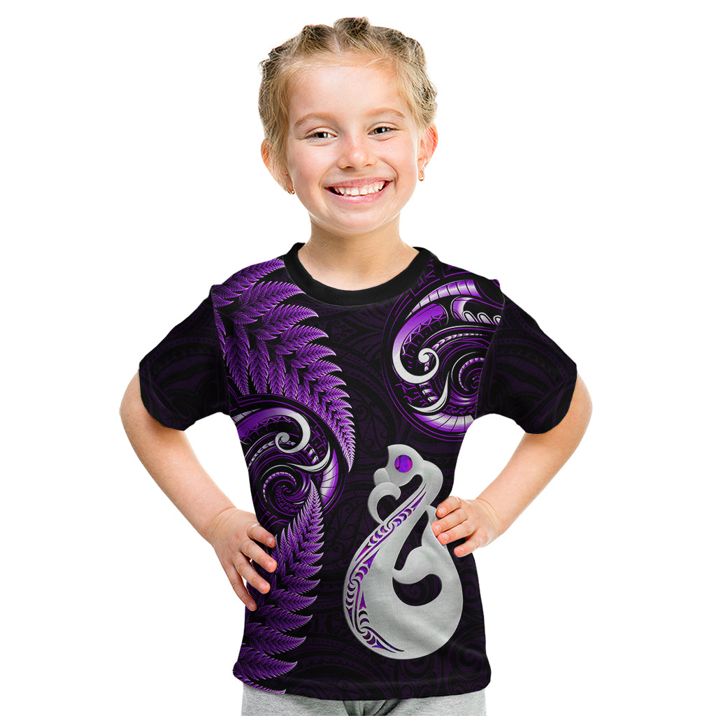 Personalised New Zealand Kid T Shirt Aotearoa Silver Fern With Manaia Maori Unique Purple - Vibe Hoodie Shop