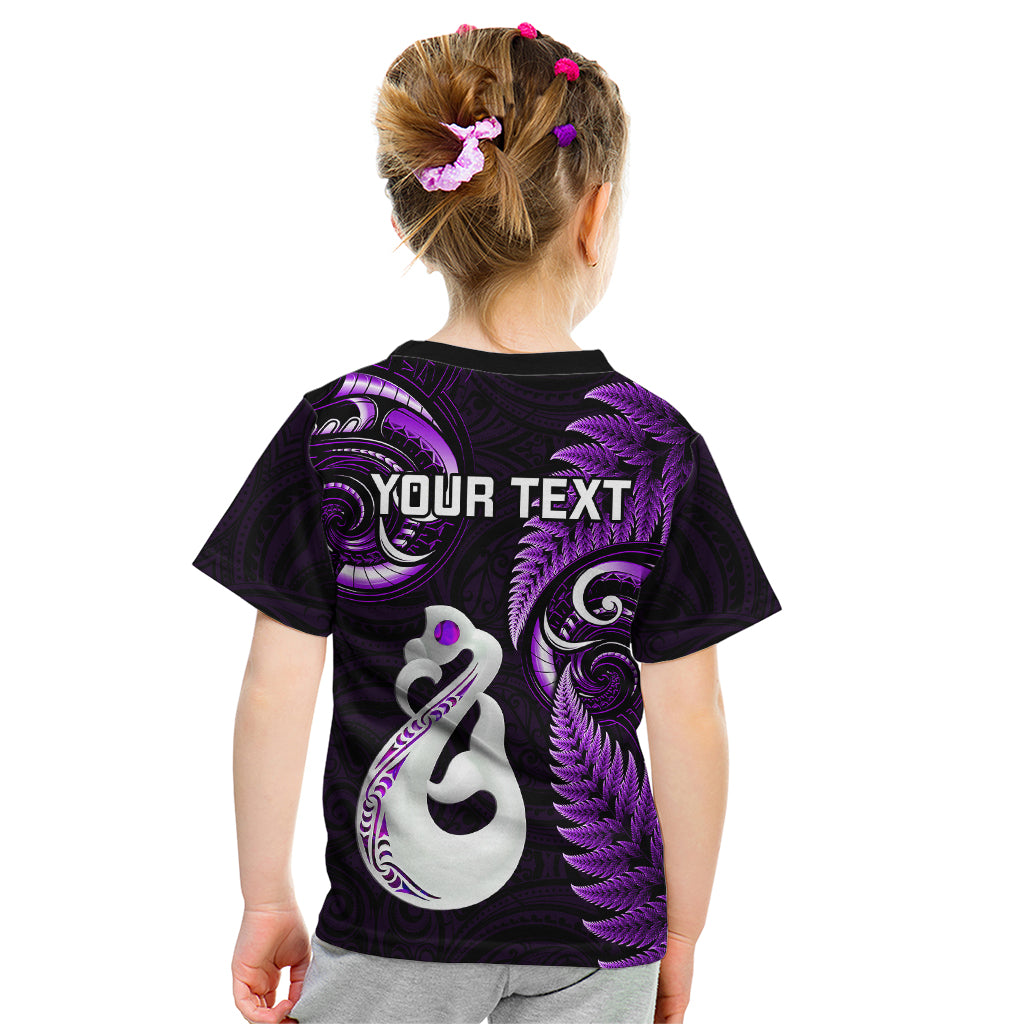 Personalised New Zealand Kid T Shirt Aotearoa Silver Fern With Manaia Maori Unique Purple - Vibe Hoodie Shop