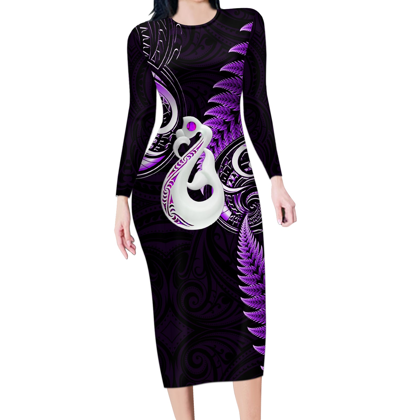 personalised-new-zealand-long-sleeve-bodycon-dress-aotearoa-silver-fern-with-manaia-maori-unique-purple