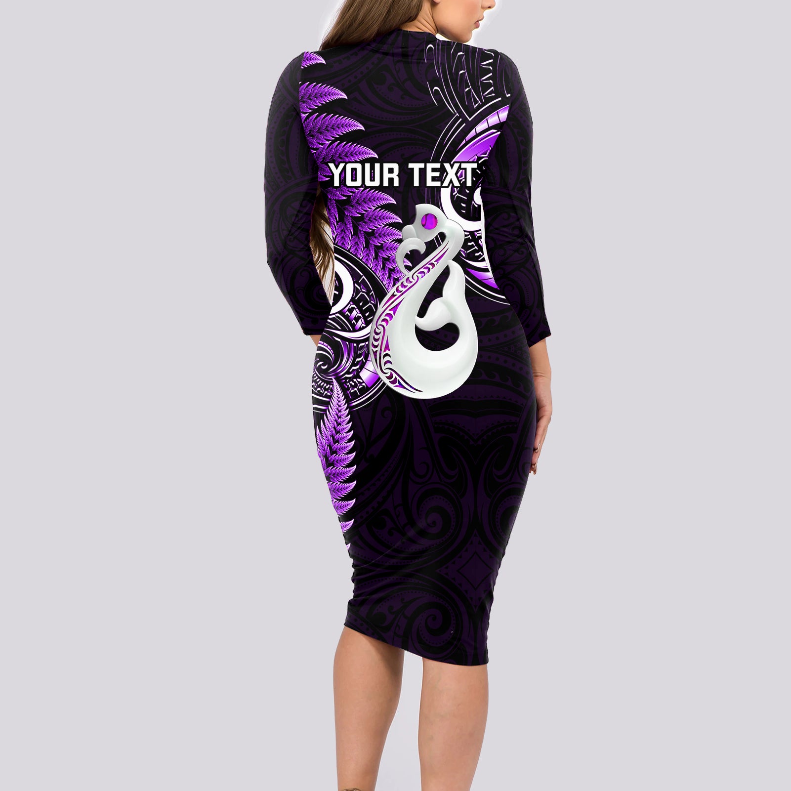 personalised-new-zealand-long-sleeve-bodycon-dress-aotearoa-silver-fern-with-manaia-maori-unique-purple