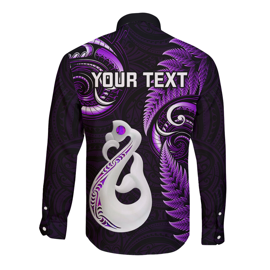 Personalised New Zealand Long Sleeve Button Shirt Aotearoa Silver Fern With Manaia Maori Unique Purple - Vibe Hoodie Shop