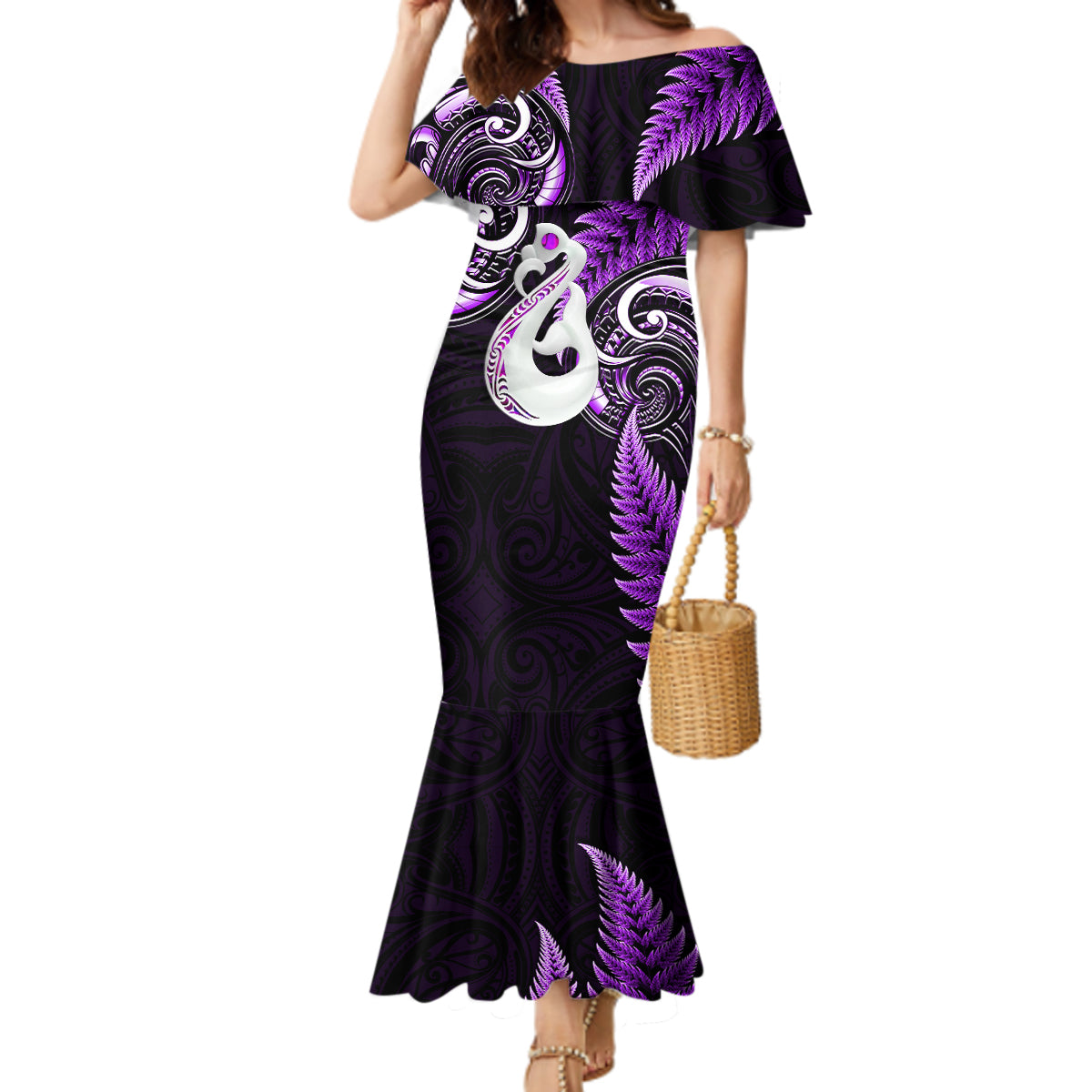 personalised-new-zealand-mermaid-dress-aotearoa-silver-fern-with-manaia-maori-unique-purple