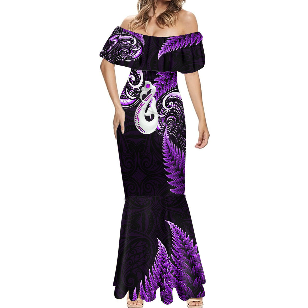 personalised-new-zealand-mermaid-dress-aotearoa-silver-fern-with-manaia-maori-unique-purple