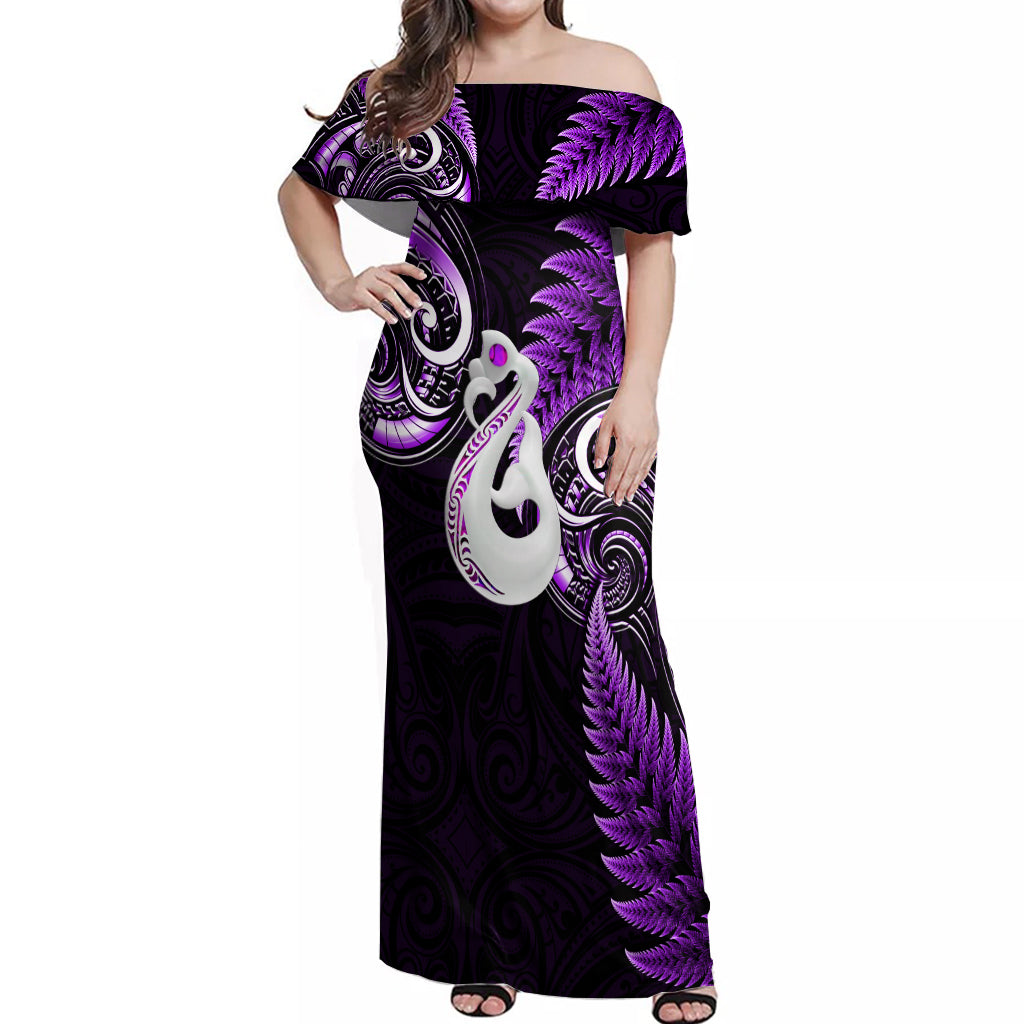 Personalised New Zealand Off Shoulder Maxi Dress Aotearoa Silver Fern With Manaia Maori Unique Purple - Vibe Hoodie Shop