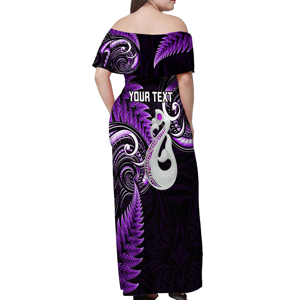 Personalised New Zealand Off Shoulder Maxi Dress Aotearoa Silver Fern With Manaia Maori Unique Purple - Vibe Hoodie Shop