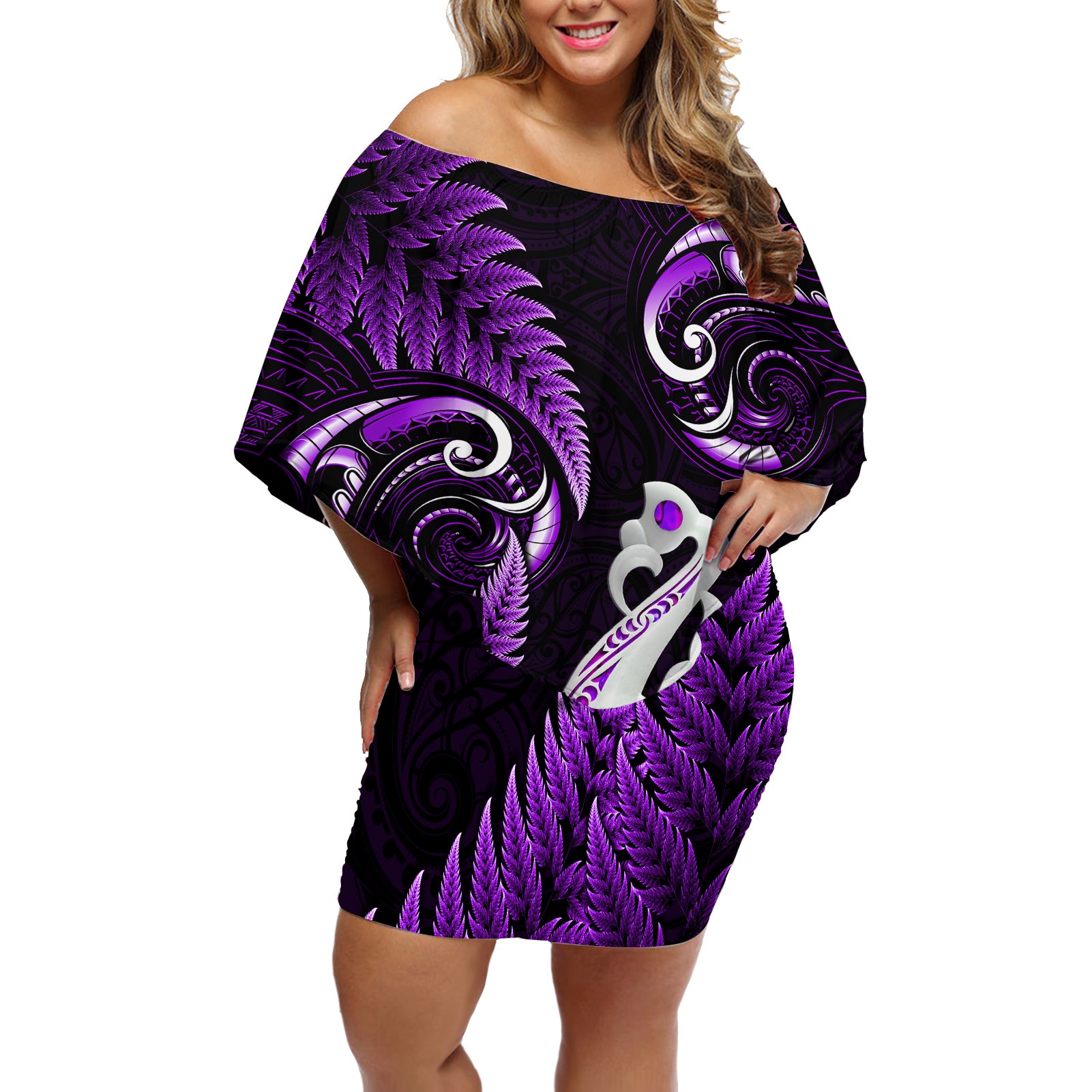 Personalised New Zealand Off Shoulder Short Dress Aotearoa Silver Fern With Manaia Maori Unique Purple LT14