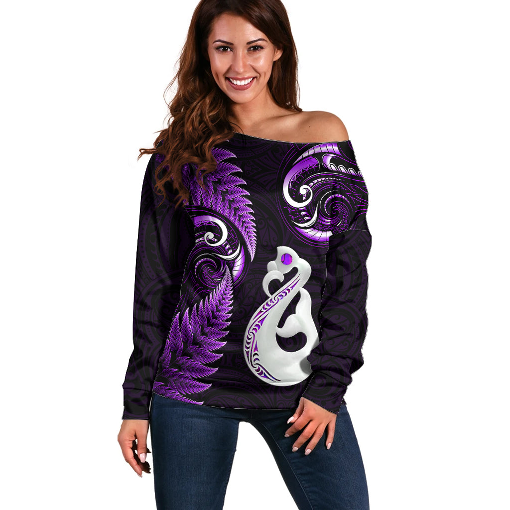 Personalised New Zealand Off Shoulder Sweater Aotearoa Silver Fern With Manaia Maori Unique Purple - Vibe Hoodie Shop