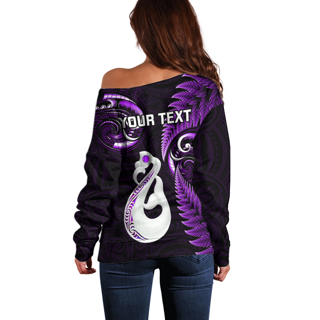 Personalised New Zealand Off Shoulder Sweater Aotearoa Silver Fern With Manaia Maori Unique Purple - Vibe Hoodie Shop