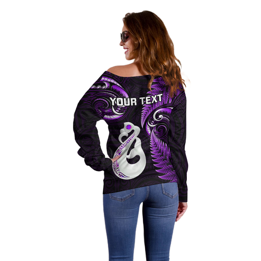 Personalised New Zealand Off Shoulder Sweater Aotearoa Silver Fern With Manaia Maori Unique Purple - Vibe Hoodie Shop