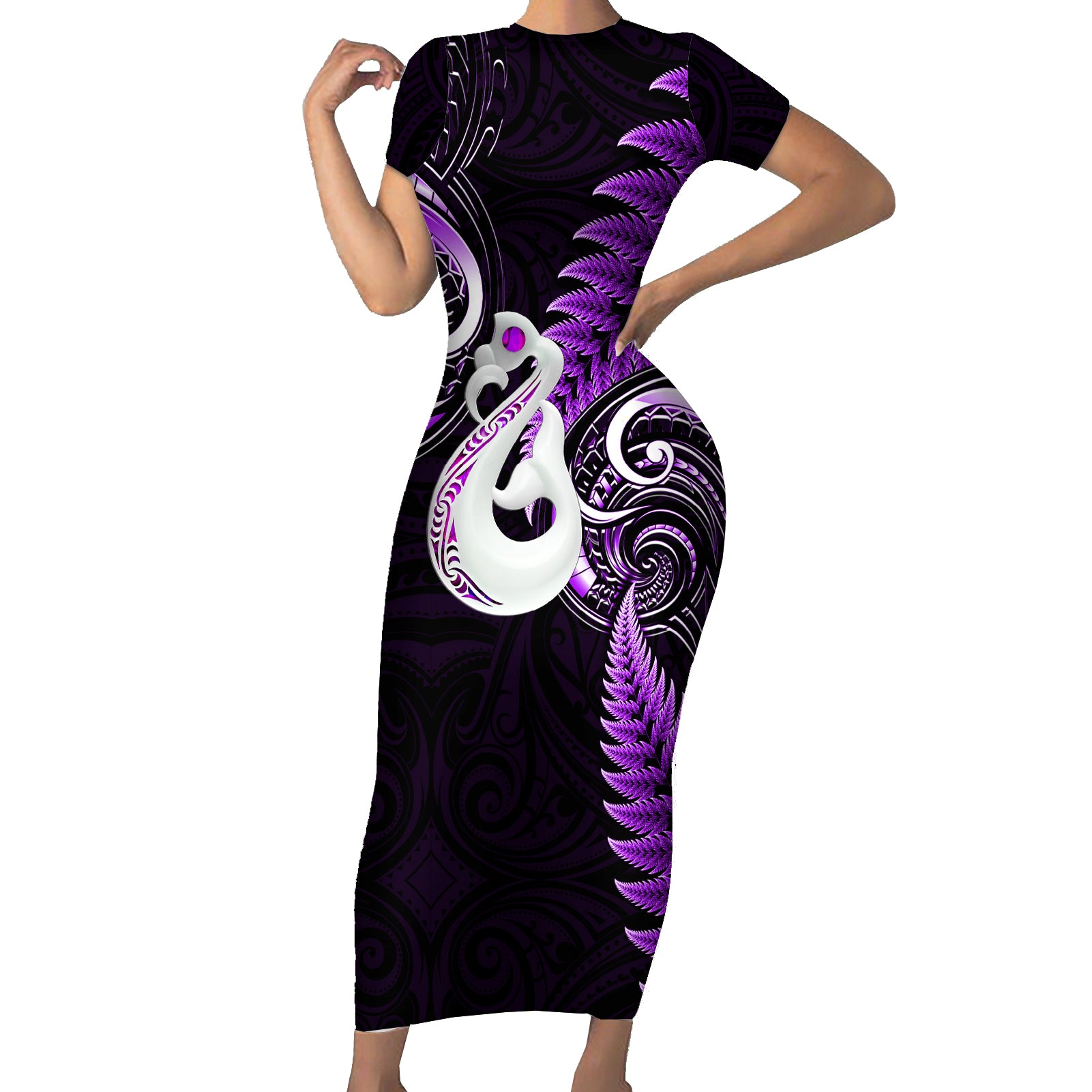 personalised-new-zealand-short-sleeve-bodycon-dress-aotearoa-silver-fern-with-manaia-maori-unique-purple