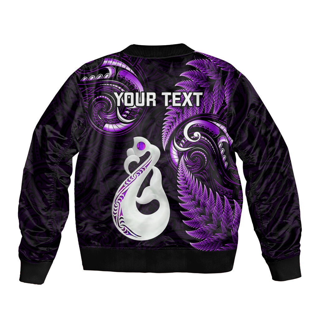 personalised-new-zealand-sleeve-zip-bomber-jacket-aotearoa-silver-fern-with-manaia-maori-unique-purple