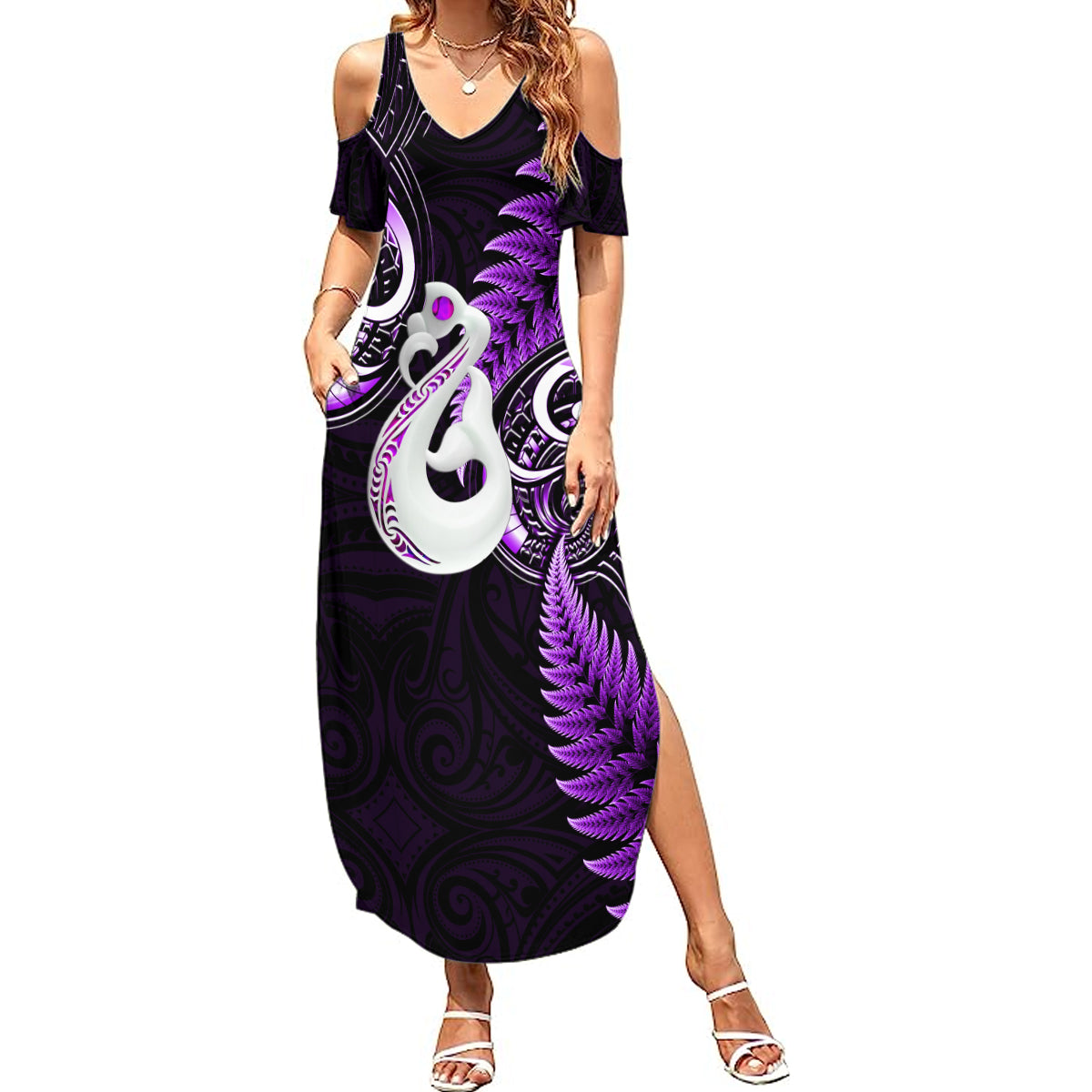 personalised-new-zealand-summer-maxi-dress-aotearoa-silver-fern-with-manaia-maori-unique-purple