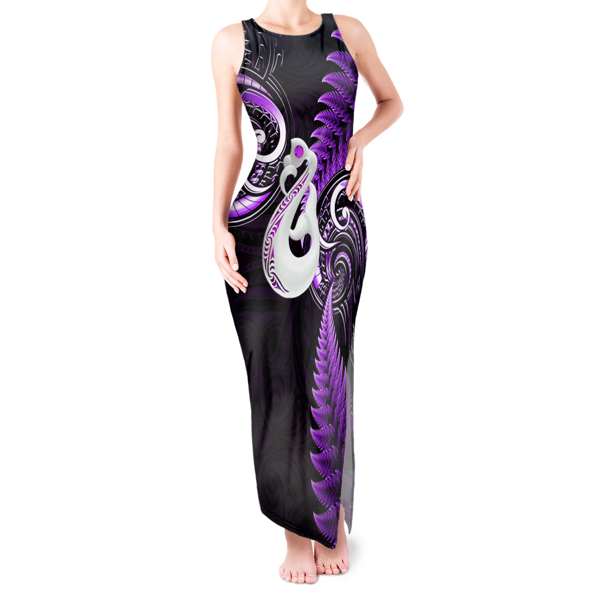 personalised-new-zealand-tank-maxi-dress-aotearoa-silver-fern-with-manaia-maori-unique-purple