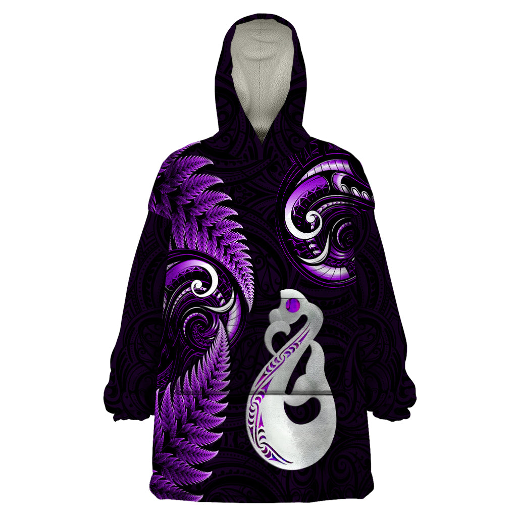 Personalised New Zealand Wearable Blanket Hoodie Aotearoa Silver Fern With Manaia Maori Unique Purple - Vibe Hoodie Shop